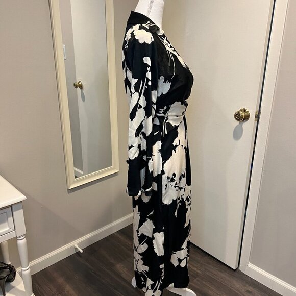 Zara Black & Off White Satin Effect Wrap Floral Print Midi Dress, Size XS - Picture 7 of 16